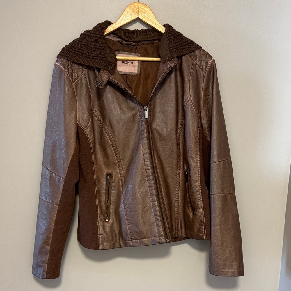 Dark Brown faux Leather Jacket with Knit Hood